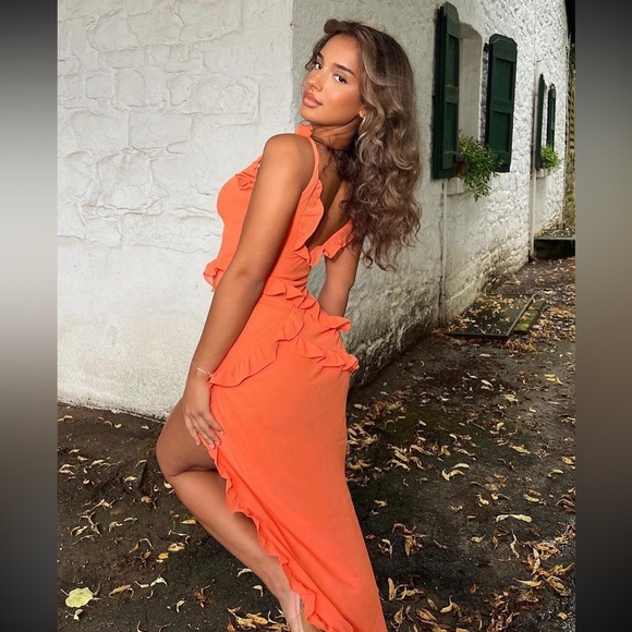 HOUSE OF CB 'Pixie' Flame Orange Ruffle Maxi Dress NWOT - Picture 4 of 16